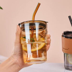 61rExrcP1GL._SX679.jpg Leather Sleeve Glass Mug with Straw